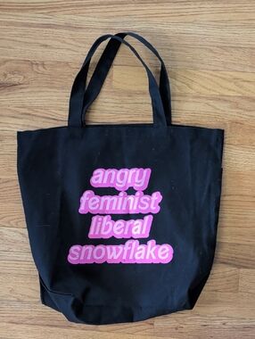 Black Tote Bag with Pink Slogan - Feminist Snowflake Design
